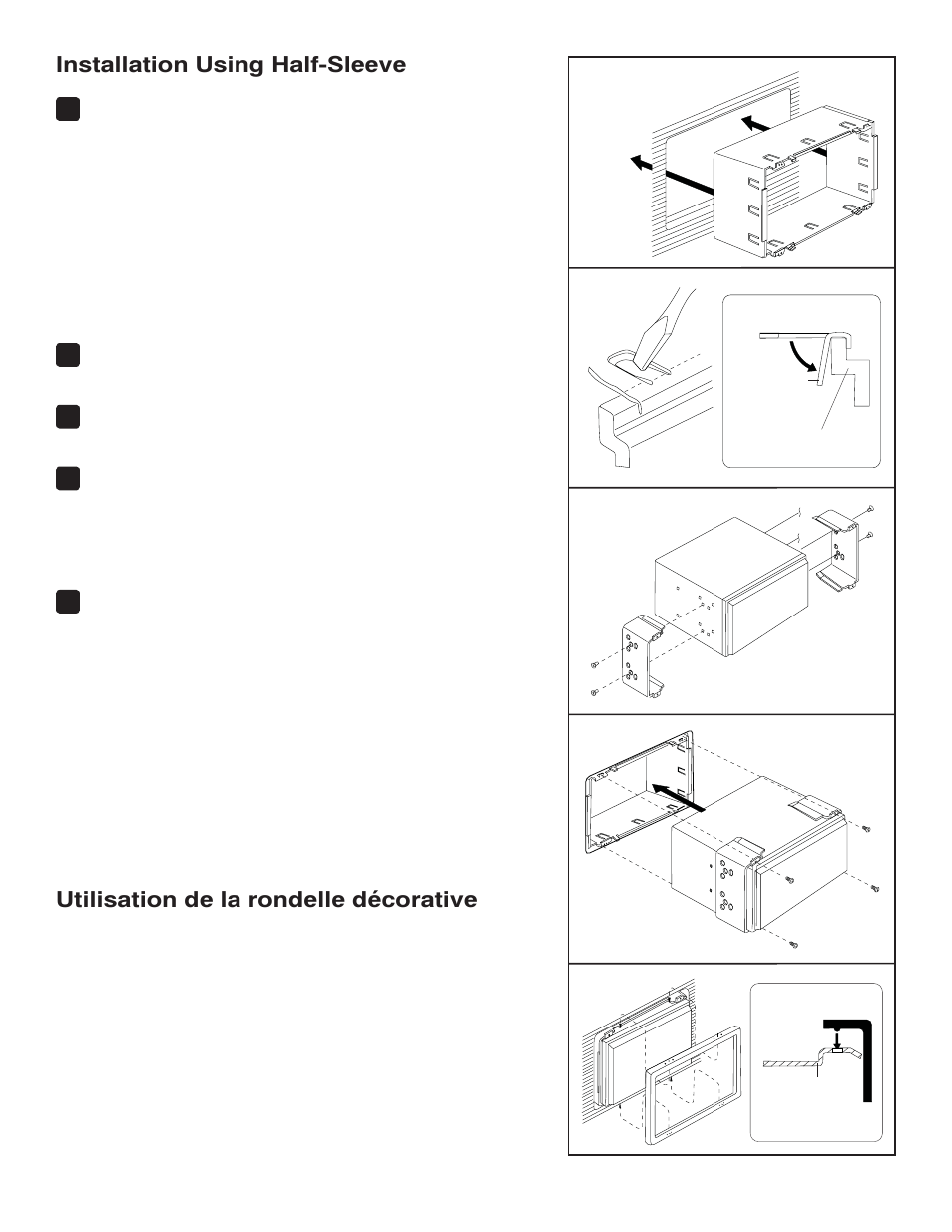 Installation using half-sleeve, Utilisation de la rondelle décorative | Jensen VM9224 User Manual | Page 11 / 12