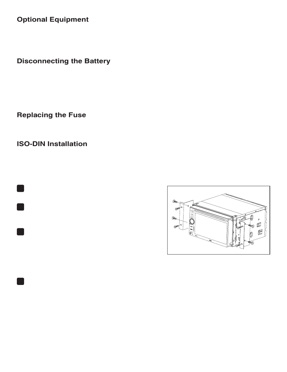 Optional equipment, Disconnecting the battery, Replacing the fuse | Iso-din installation | Jensen VM9224 User Manual | Page 2 / 12
