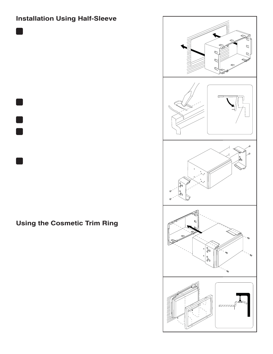 Installation using half-sleeve, Using the cosmetic trim ring | Jensen VM9224 User Manual | Page 3 / 12