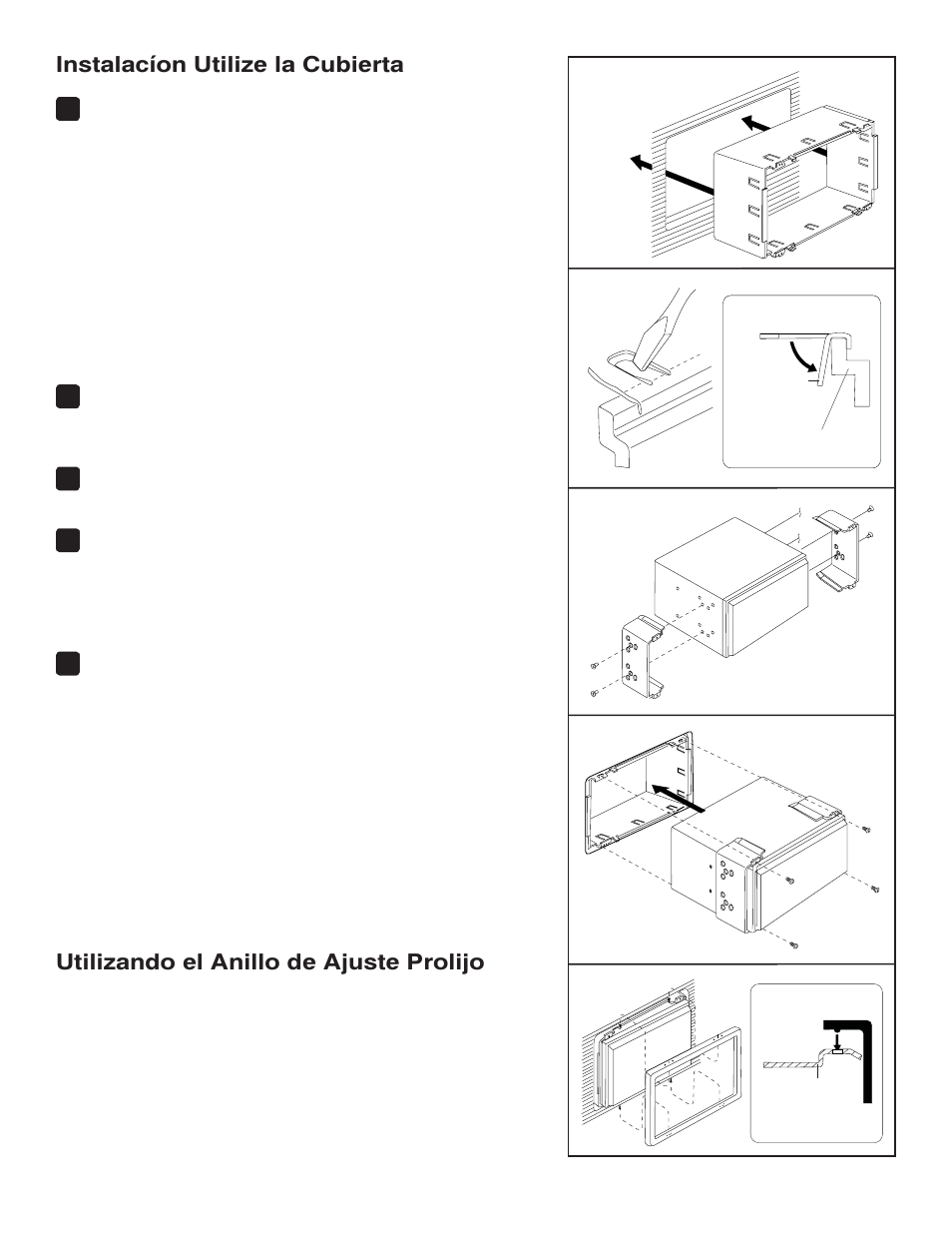 Instalacíon utilize la cubierta, Utilizando el anillo de ajuste prolijo | Jensen VM9224 User Manual | Page 7 / 12