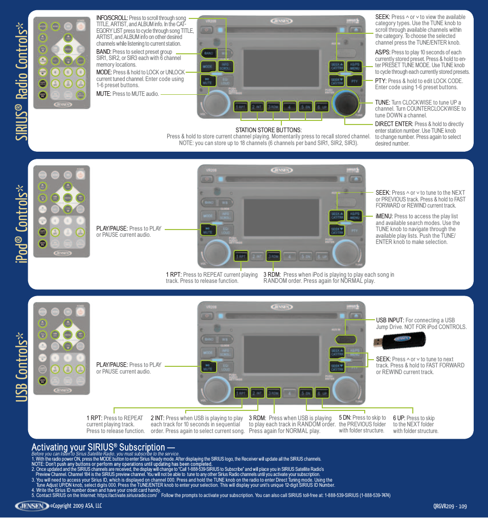 Ipod® c ontr ols, Sirius® radio c ontr ols, Usb c ontr ols | Activating your sirius, Subscription | Jensen VR209 User Manual | Page 2 / 2