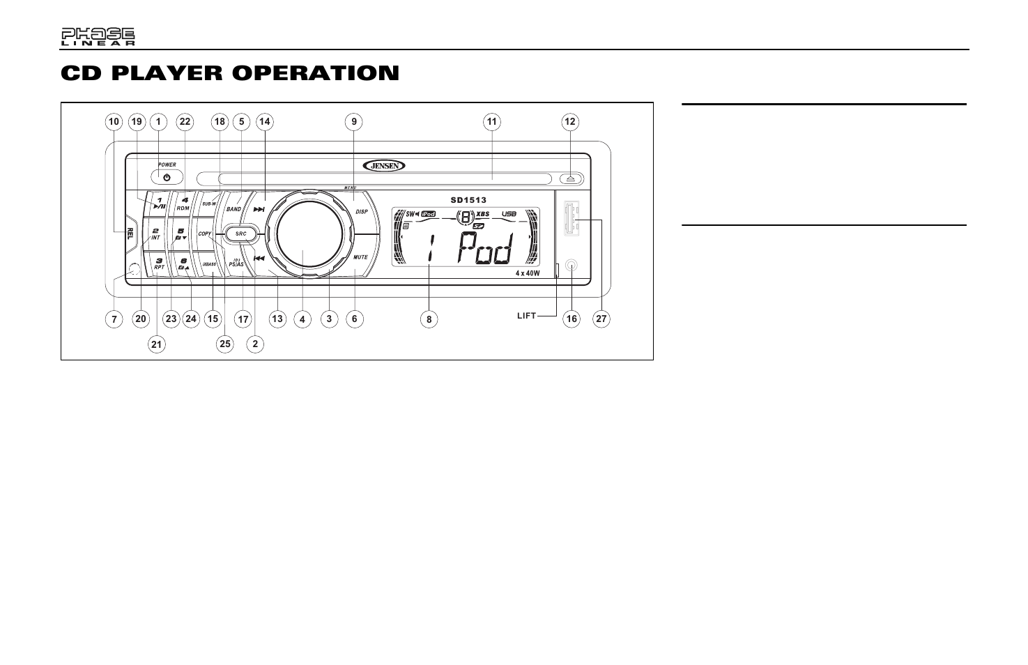 Cd player operation, Insert cd, Track select | Play/pause, Disc intro scan (int) | Jensen Phase Linear SD1513 User Manual | Page 10 / 72