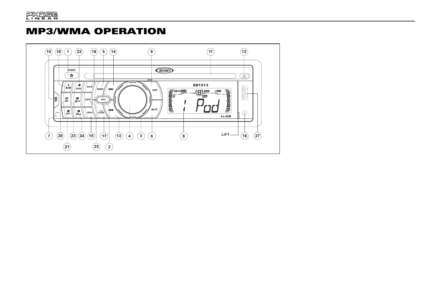 Mp3/wma operation, Pause, Track select | Navigating folders, Intro scan (int), Repeat (rpt), Random (rdm) | Jensen Phase Linear SD1513 User Manual | Page 14 / 72