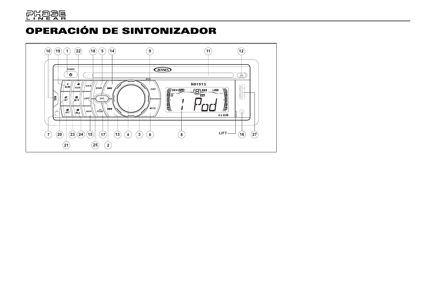 Operación de sintonizador, Selector de banda am/fm (band), Sintonizador | Estaciones prefijadas | Jensen Phase Linear SD1513 User Manual | Page 30 / 72
