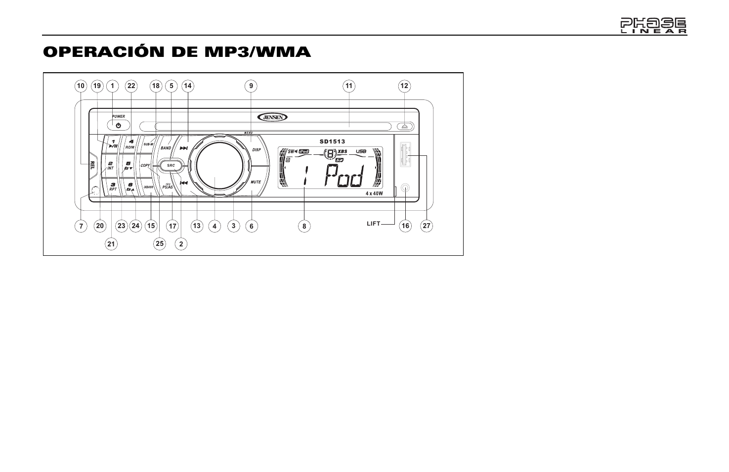 Operación de mp3/wma, Pausar, Selección de pista | Cómo navegar por carpetas, Ingresar búsqueda (int), Repetir (rpt), Aleatorio (rdm) | Jensen Phase Linear SD1513 User Manual | Page 37 / 72
