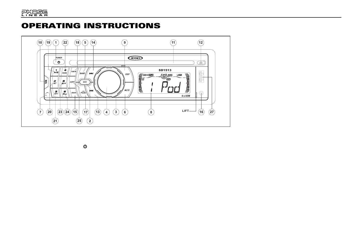 Operating instructions, Puissance, Source | Volume | Jensen Phase Linear SD1513 User Manual | Page 48 / 72