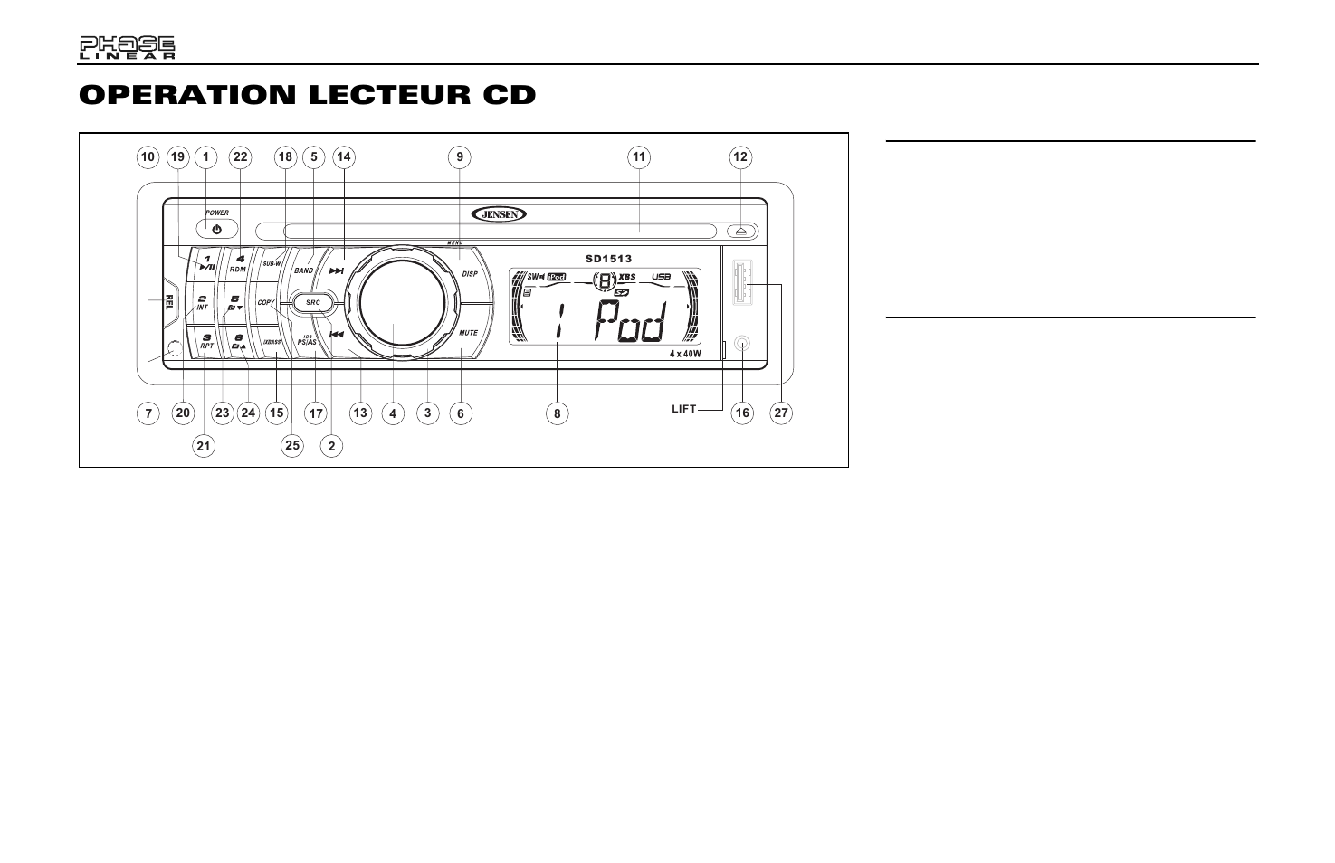 Operation lecteur cd, Insérer le cd, Sélection de piste | Reproduction/suspension | Jensen Phase Linear SD1513 User Manual | Page 54 / 72