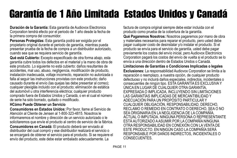 Garantía de 1 año limitada estados unidos y canadá | Jensen IR30 User Manual | Page 13 / 20