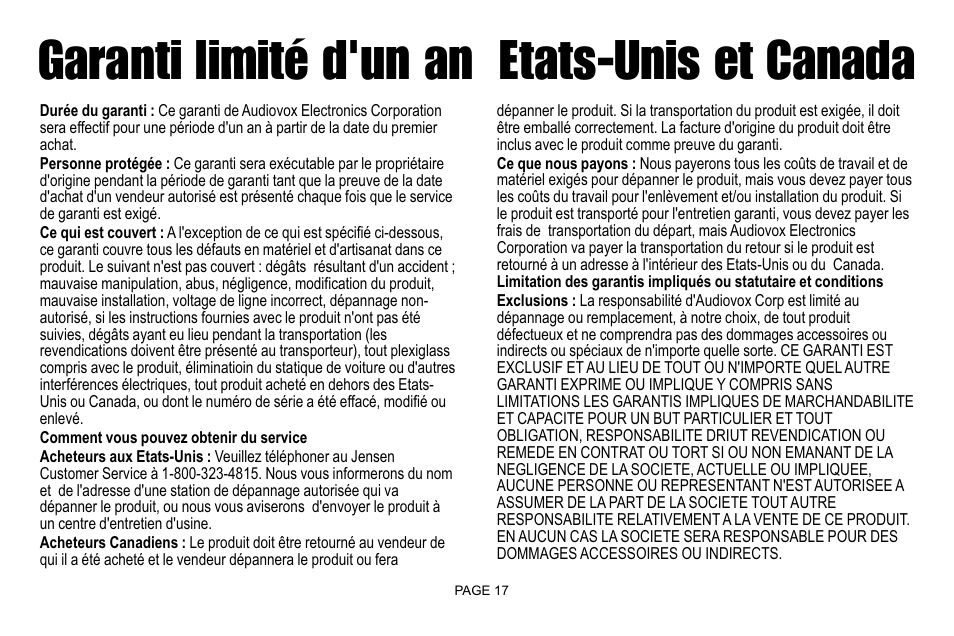 Garanti limité d'un an etats-unis et canada | Jensen IR30 User Manual | Page 19 / 20