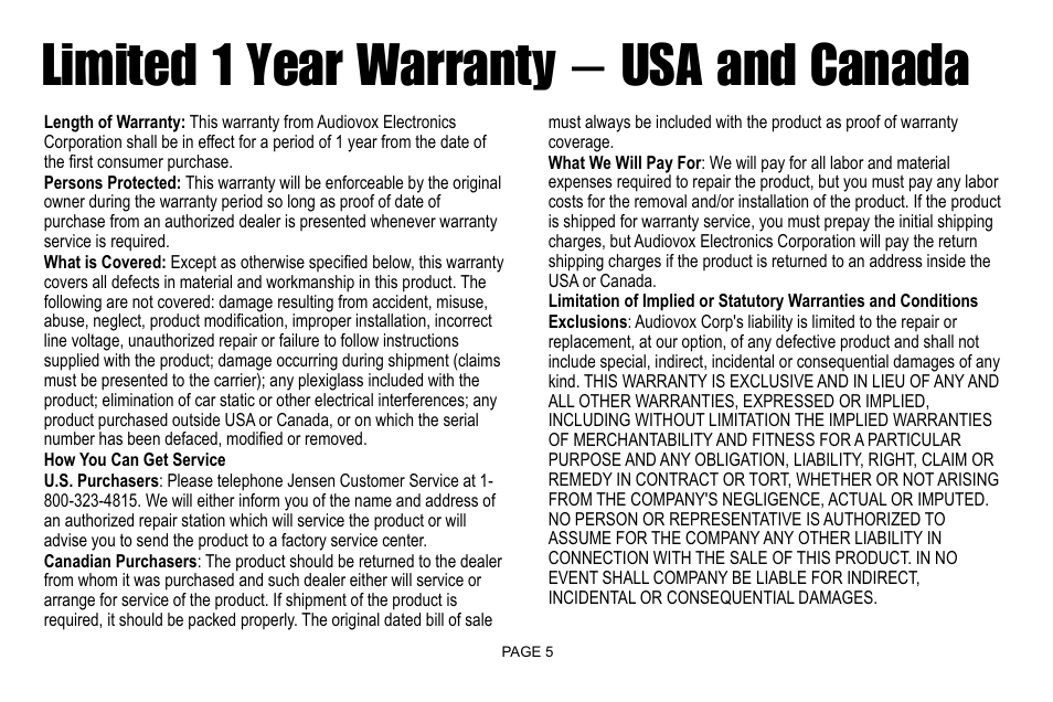 Limited 1 year warranty – usa and canada | Jensen IR30 User Manual | Page 7 / 20
