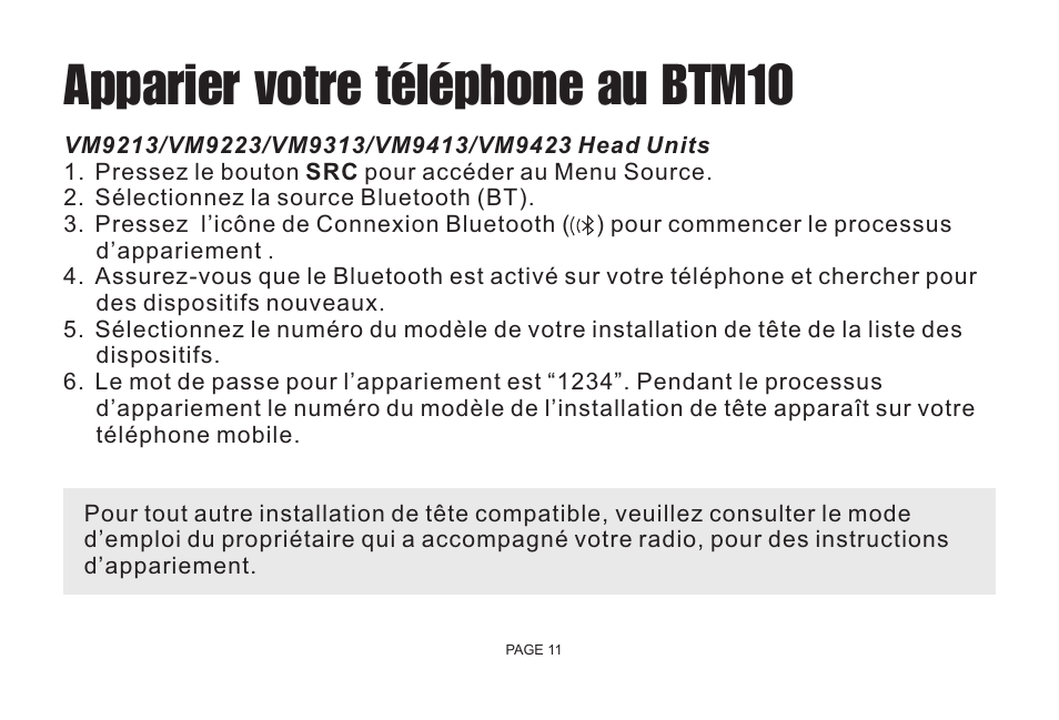 Apparier votre téléphone au btm10 | Jensen Bluetooth Handsfree Accessory BTM10 User Manual | Page 13 / 18