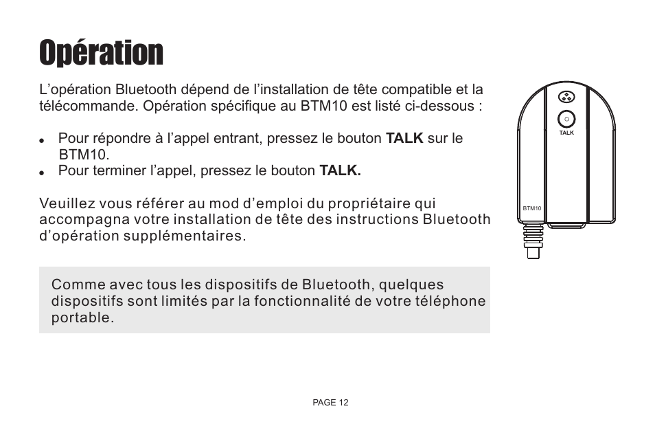 Opération | Jensen Bluetooth Handsfree Accessory BTM10 User Manual | Page 14 / 18