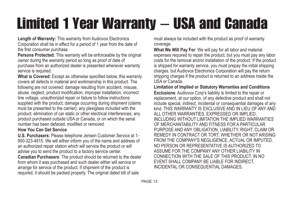 Limited 1 year warranty – usa and canada | Jensen Bluetooth Handsfree Accessory BTM10 User Manual | Page 15 / 18