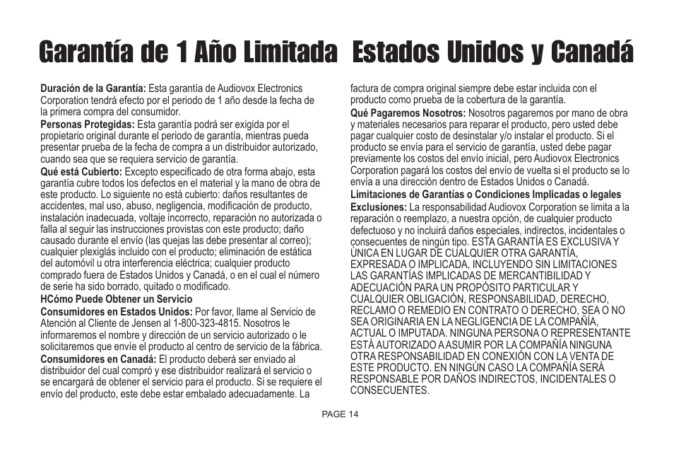 Garantía de 1 año limitada estados unidos y canadá | Jensen Bluetooth Handsfree Accessory BTM10 User Manual | Page 16 / 18