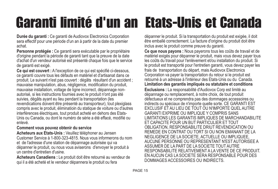 Garanti limité d'un an etats-unis et canada | Jensen Bluetooth Handsfree Accessory BTM10 User Manual | Page 17 / 18