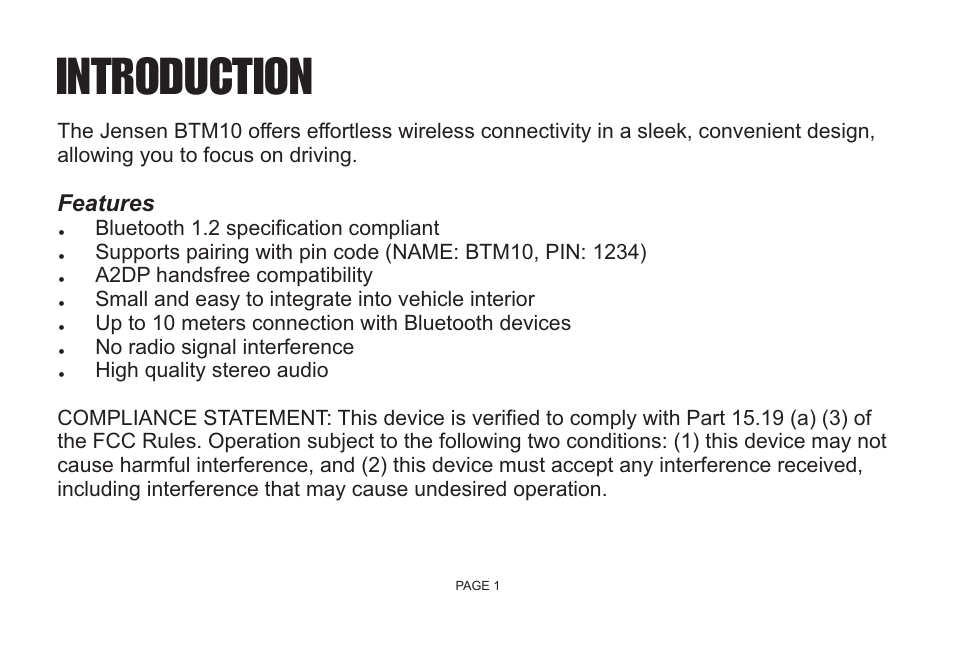 Introduction, Features | Jensen Bluetooth Handsfree Accessory BTM10 User Manual | Page 3 / 18