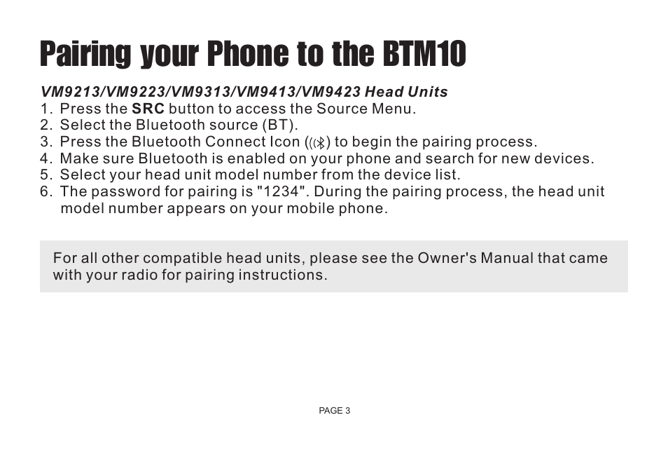 Pairing your phone to the btm10 | Jensen Bluetooth Handsfree Accessory BTM10 User Manual | Page 5 / 18