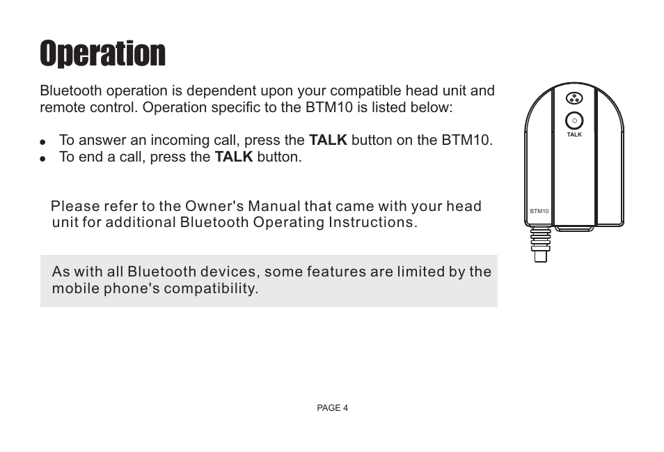 Operation | Jensen Bluetooth Handsfree Accessory BTM10 User Manual | Page 6 / 18