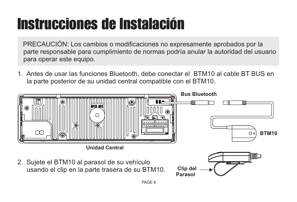 Instrucciones de instalación | Jensen Bluetooth Handsfree Accessory BTM10 User Manual | Page 8 / 18