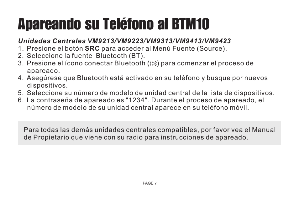 Apareando su teléfono al btm10 | Jensen Bluetooth Handsfree Accessory BTM10 User Manual | Page 9 / 18