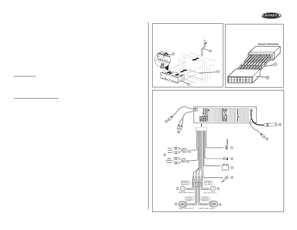Preparation (continued), Install half-sleeve, Install half-sleeve into adapter or dashboard | Install support strap to make unit more stable, Wiring, Splice or crimp wires, Attach wiring adapter to car wiring harness, Left front speaker, Right front speaker, Left rear spearker | Jensen MP7610 User Manual | Page 3 / 25