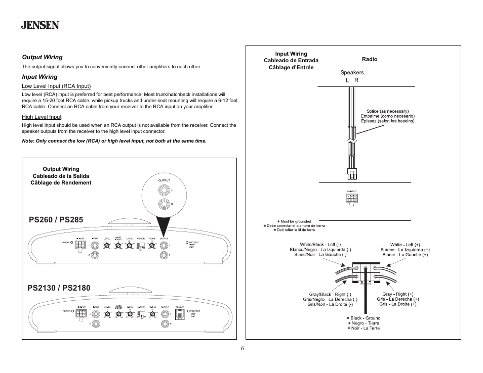 Wiring (continued), Output wiring, Input wiring | Low level input (rca input), High level input | Jensen PS285 User Manual | Page 6 / 16
