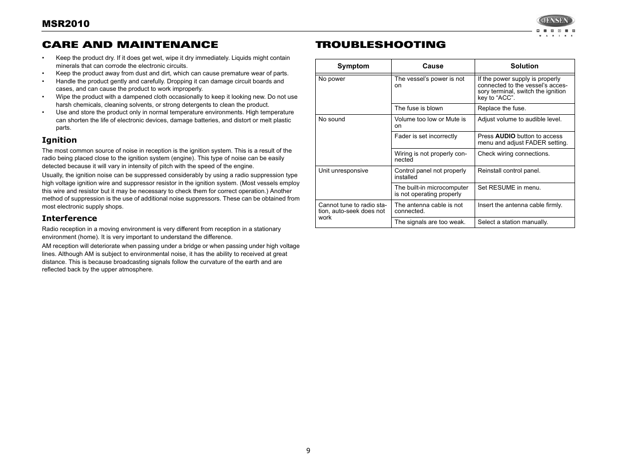 Msr2010, Care and maintenance, Troubleshooting | Jensen MSR2010 User Manual | Page 11 / 34