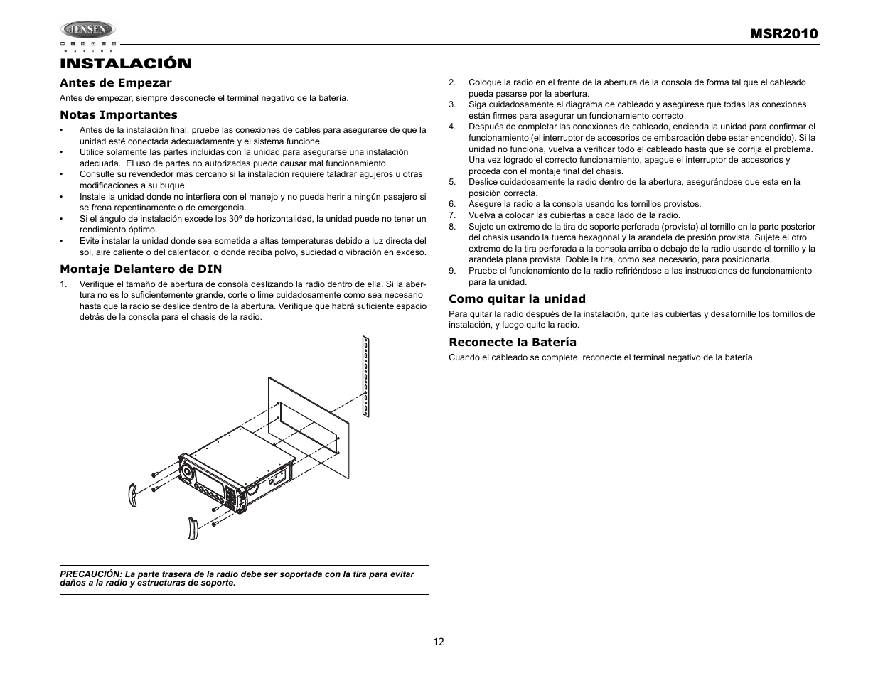 Msr2010, Instalación | Jensen MSR2010 User Manual | Page 14 / 34