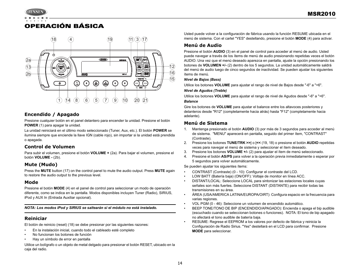 Msr2010, Operación básica | Jensen MSR2010 User Manual | Page 16 / 34