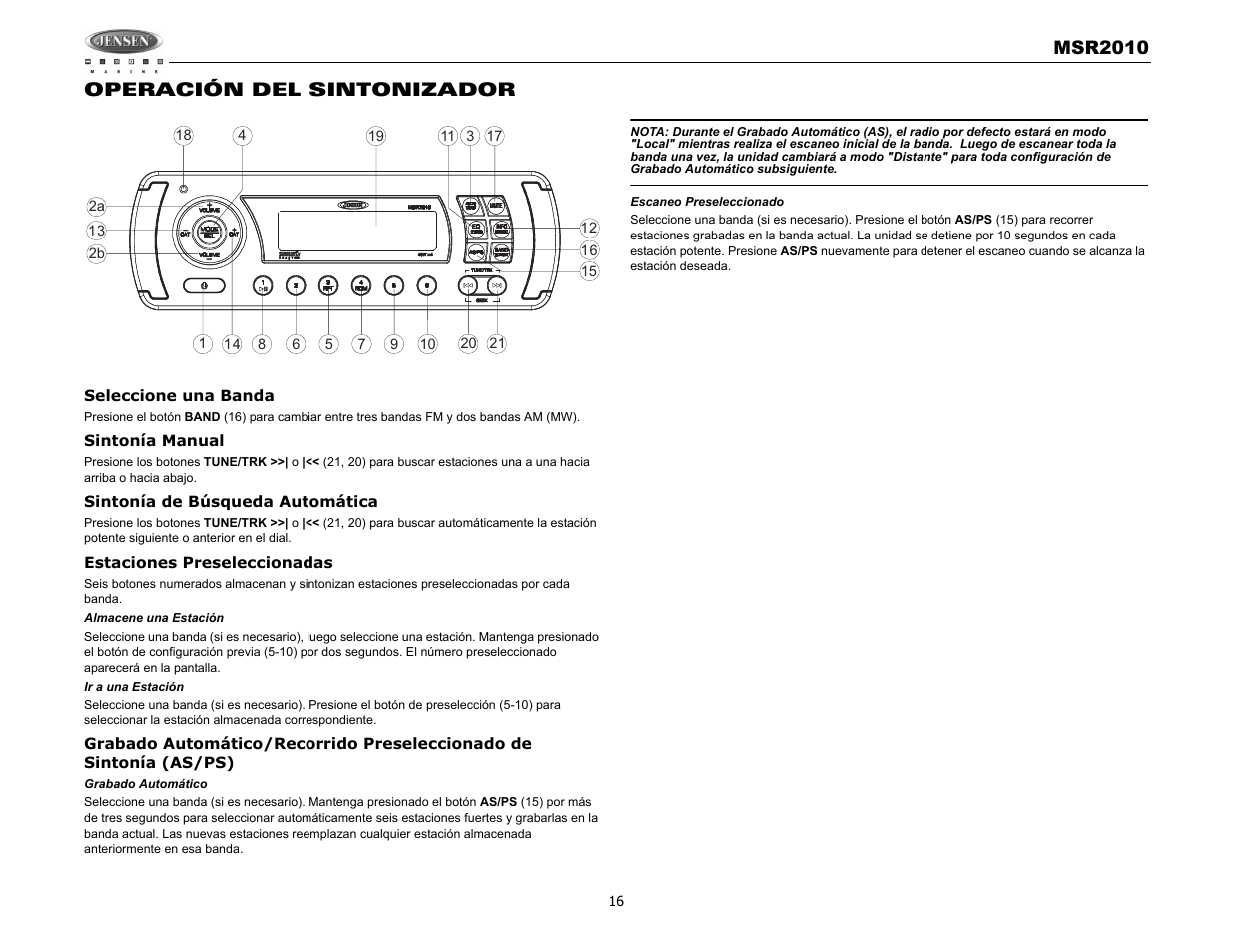 Jensen MSR2010 User Manual | Page 18 / 34