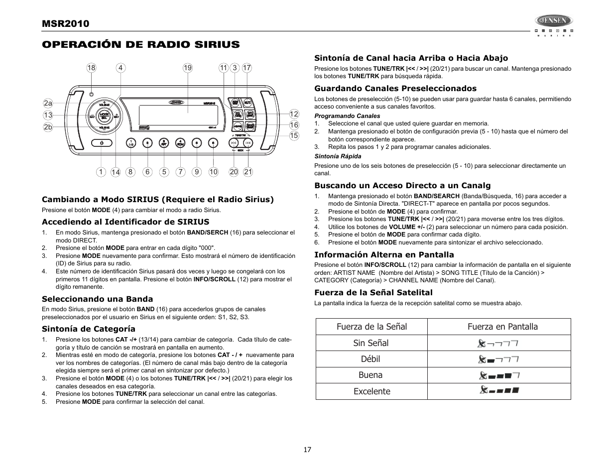 Msr2010, Operación de radio sirius | Jensen MSR2010 User Manual | Page 19 / 34