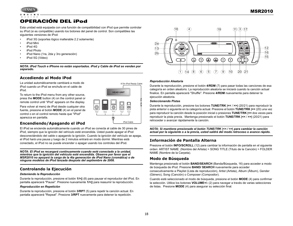 Msr2010, Operación del ipod | Jensen MSR2010 User Manual | Page 20 / 34
