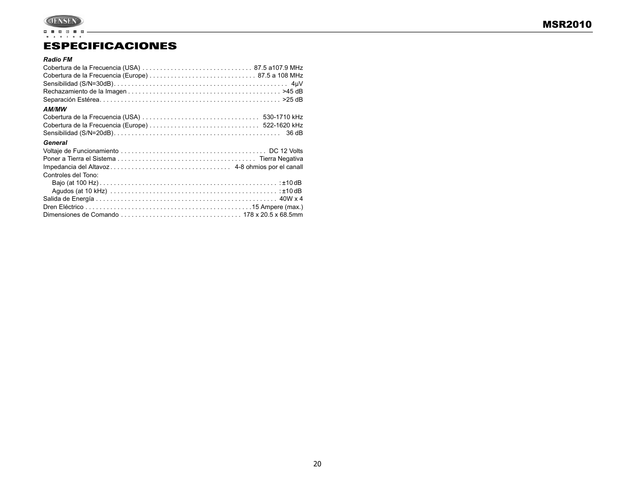 Jensen MSR2010 User Manual | Page 22 / 34