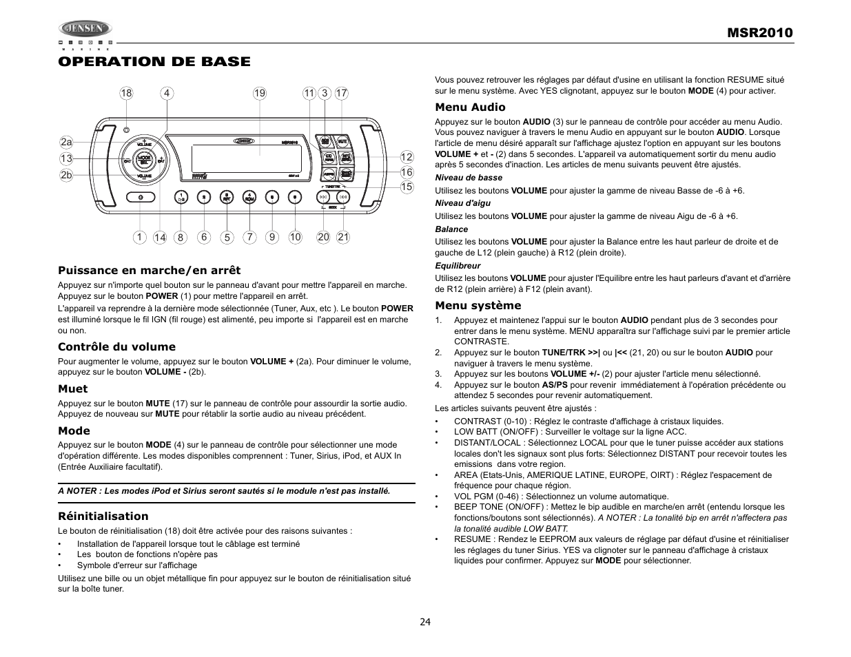 Msr2010, Operation de base | Jensen MSR2010 User Manual | Page 26 / 34