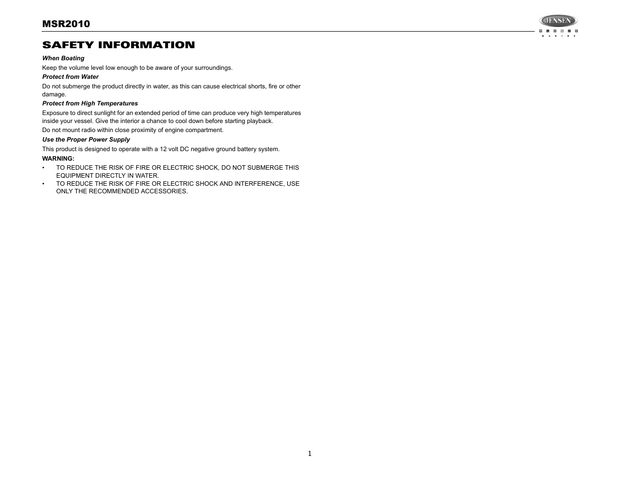 Jensen MSR2010 User Manual | Page 3 / 34