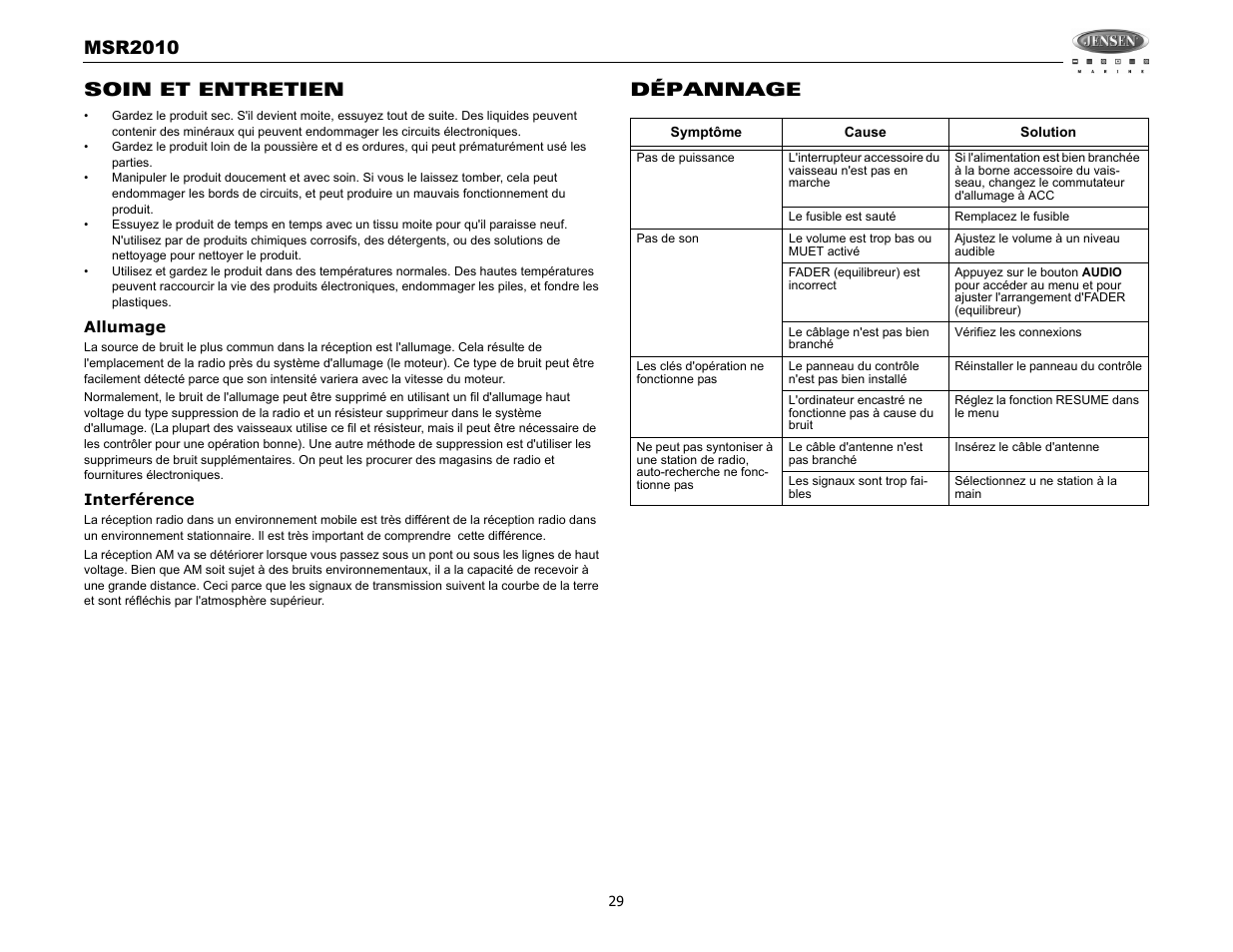 Msr2010, Soin et entretien, Dépannage | Jensen MSR2010 User Manual | Page 31 / 34