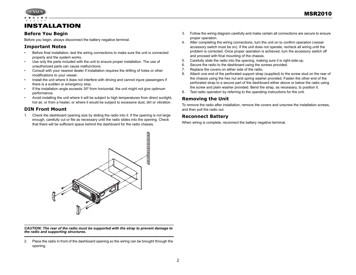 Msr2010, Installation | Jensen MSR2010 User Manual | Page 4 / 34