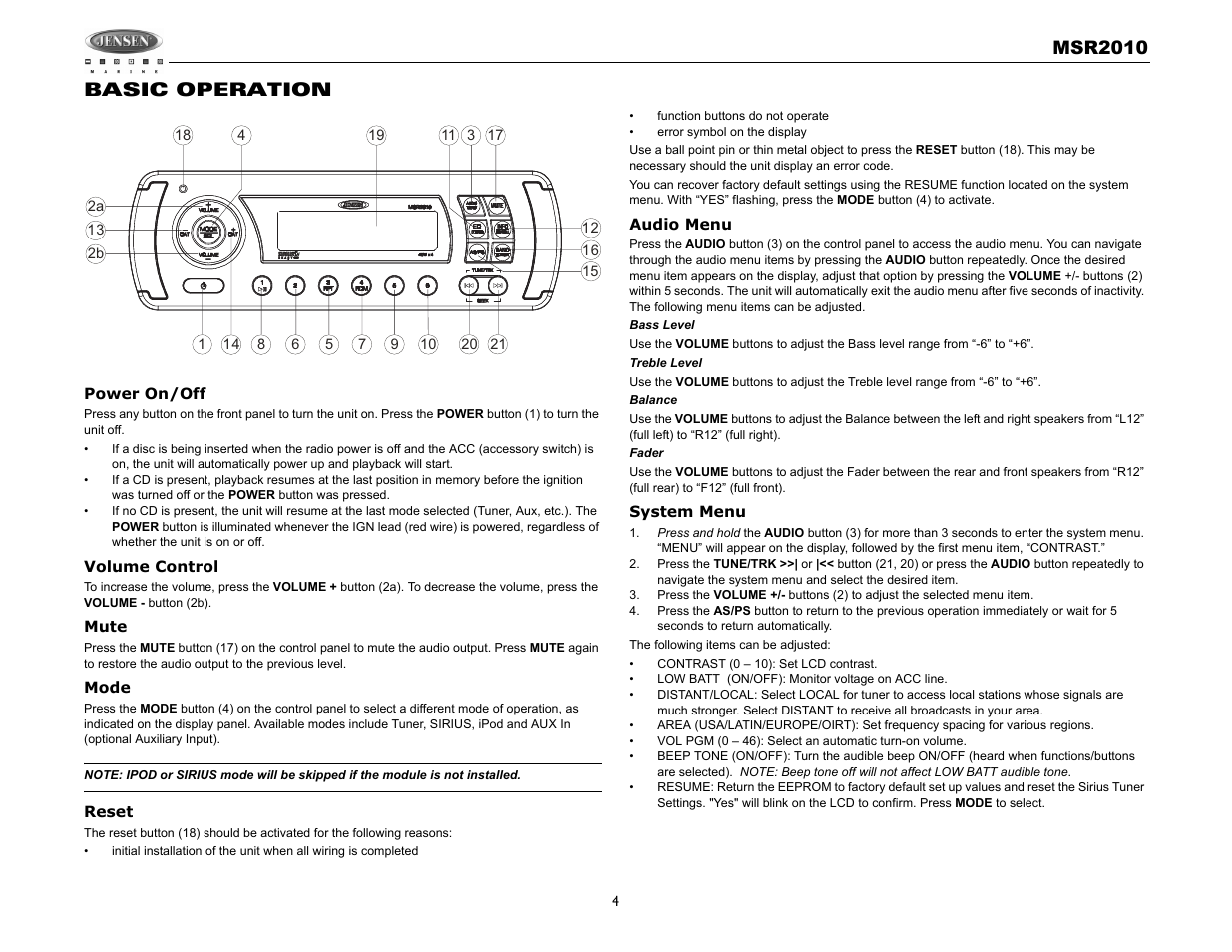 Msr2010, Basic operation | Jensen MSR2010 User Manual | Page 6 / 34