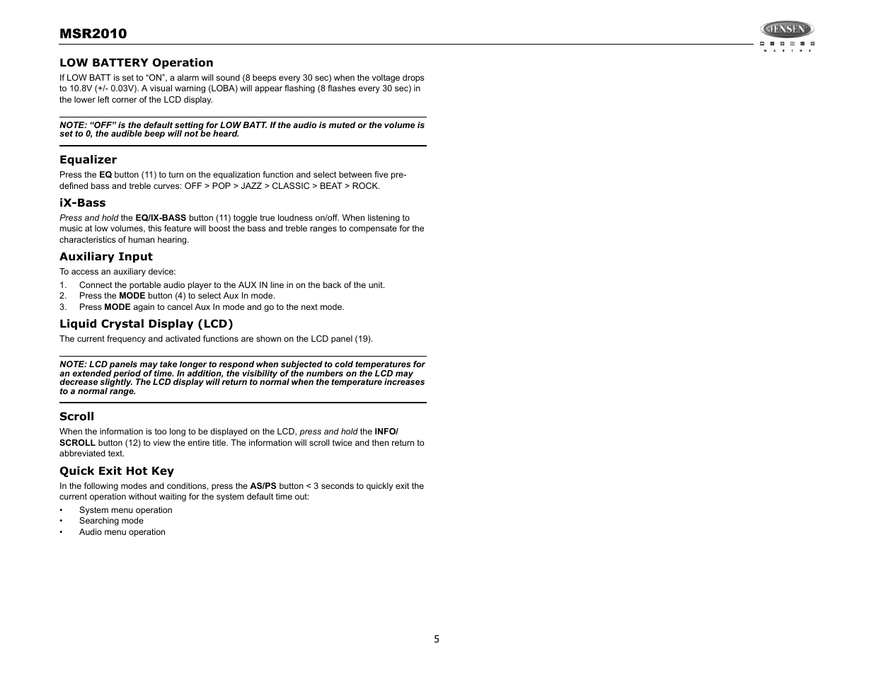 Msr2010 | Jensen MSR2010 User Manual | Page 7 / 34