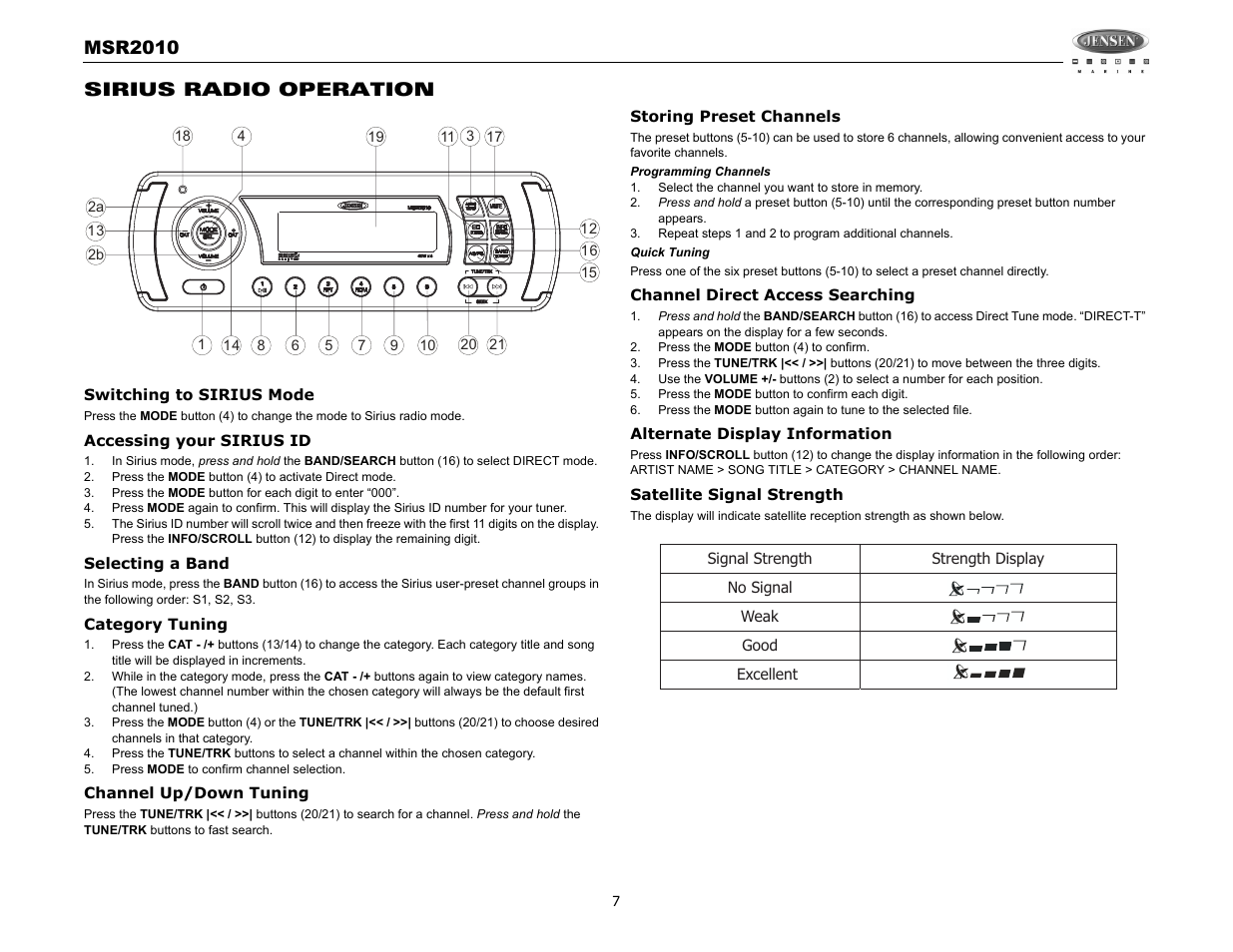 Msr2010, Sirius radio operation | Jensen MSR2010 User Manual | Page 9 / 34