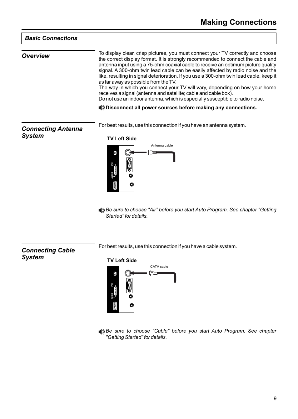 Making connections, Connecting antenna system, Overview | Connecting cable system, Basic connections | Jensen JE1507DC User Manual | Page 10 / 40
