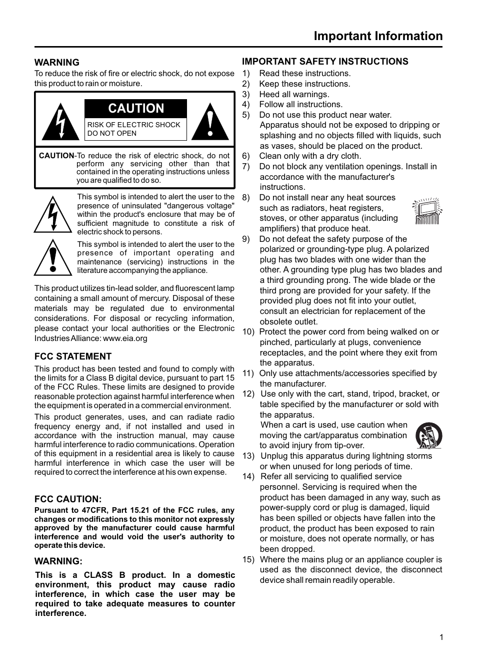Caution, Important information | Jensen JE1507DC User Manual | Page 2 / 40
