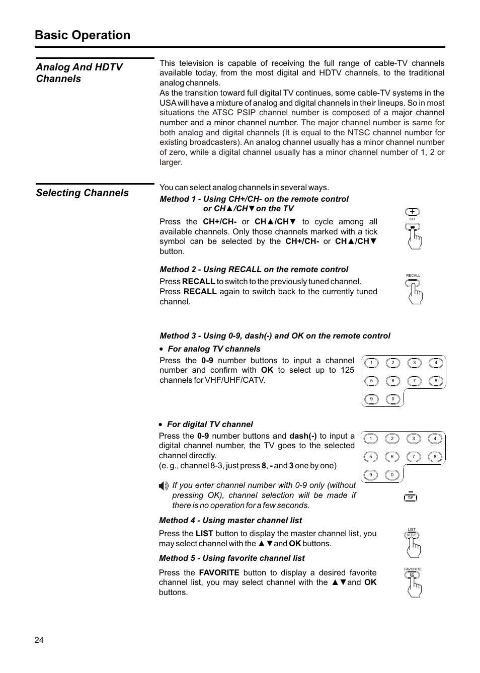 Basic operation, Analog and hdtv channels, Selecting channels | Jensen JE1507DC User Manual | Page 25 / 40