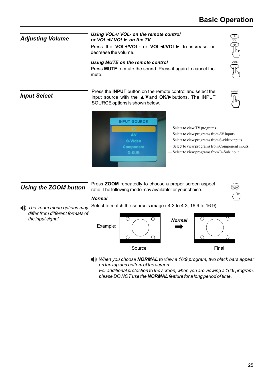 Basic operation, Adjusting volume using the zoom button, Input select | Jensen JE1507DC User Manual | Page 26 / 40