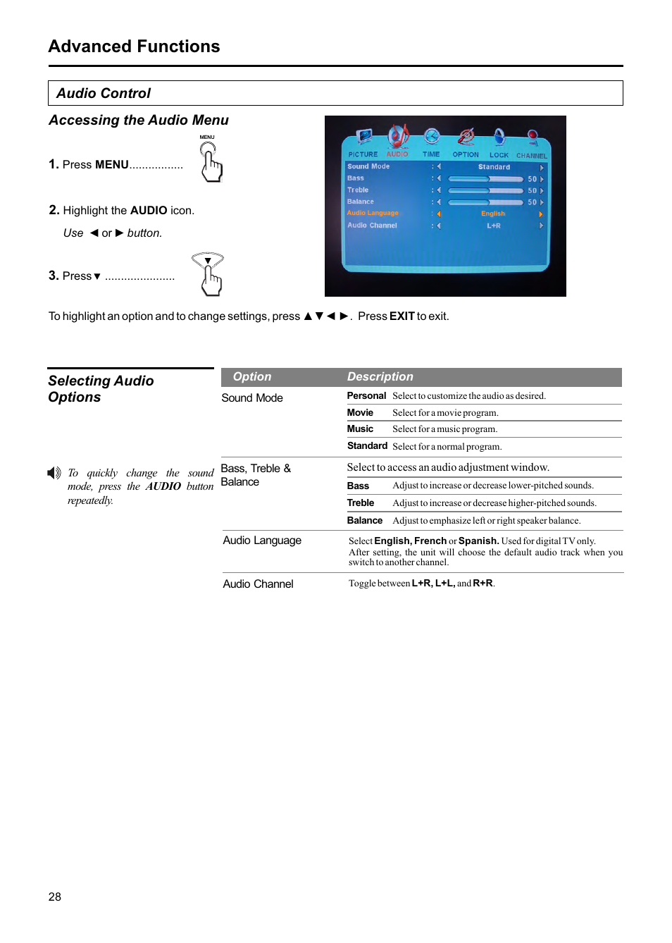 Advanced functions, Audio control accessing the audio menu, Selecting audio options | Jensen JE1507DC User Manual | Page 29 / 40
