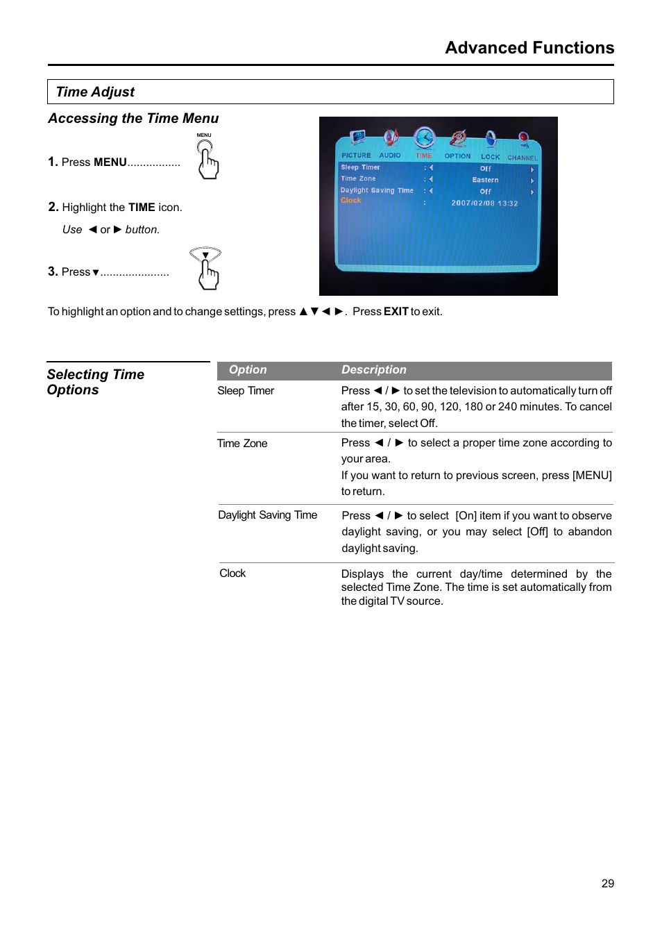 Advanced functions, Time adjust accessing the time menu, Selecting time options | Jensen JE1507DC User Manual | Page 30 / 40