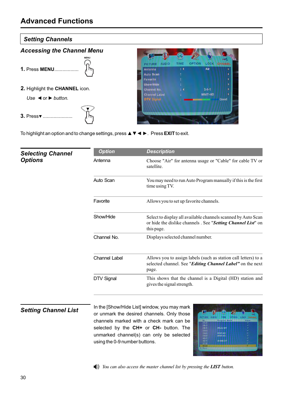 Advanced functions, Setting channels accessing the channel menu, Selecting channel options | Setting channel list | Jensen JE1507DC User Manual | Page 31 / 40