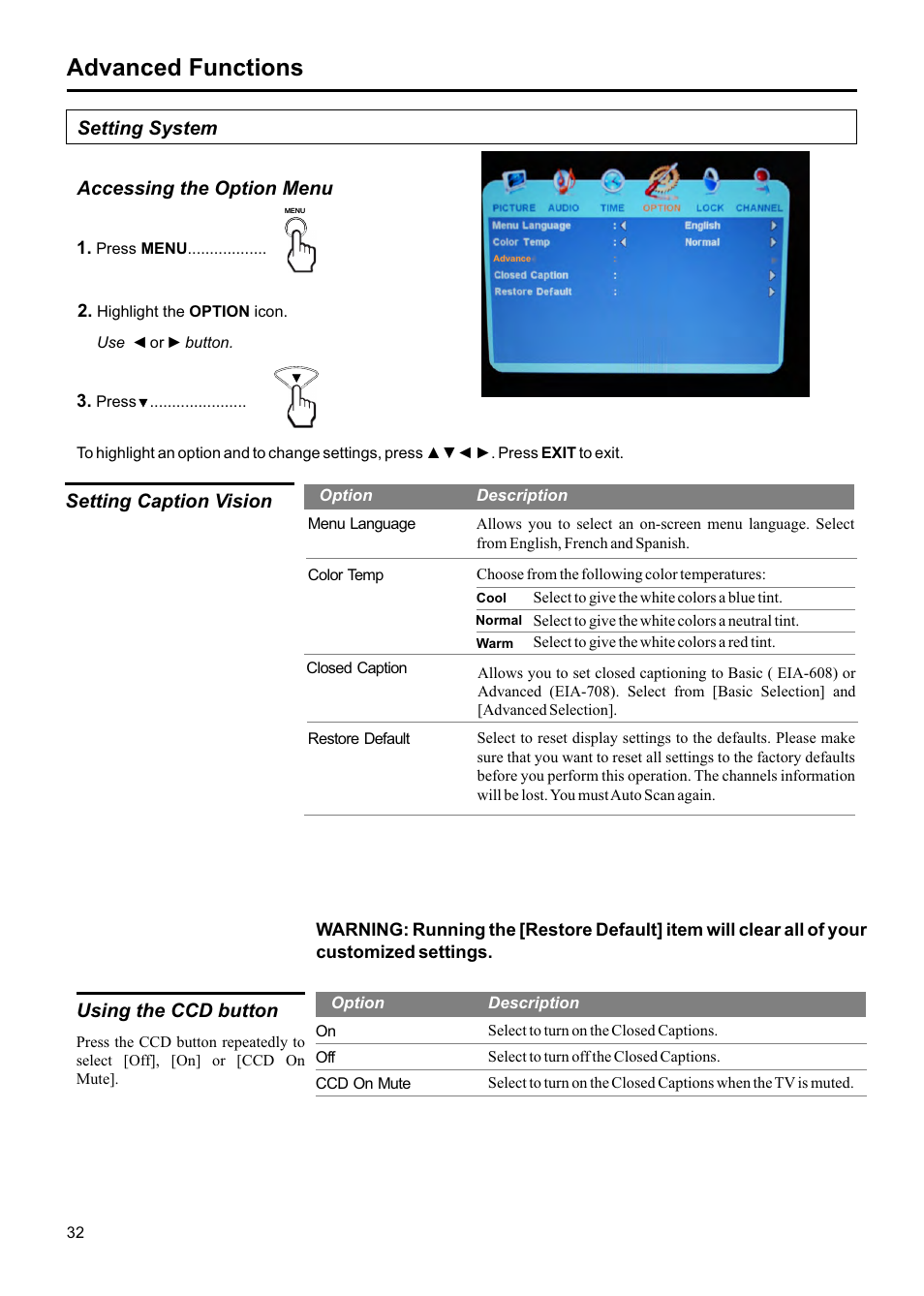 Advanced functions, Setting caption vision, Setting system | Accessing the option menu, Using the ccd button | Jensen JE1507DC User Manual | Page 33 / 40