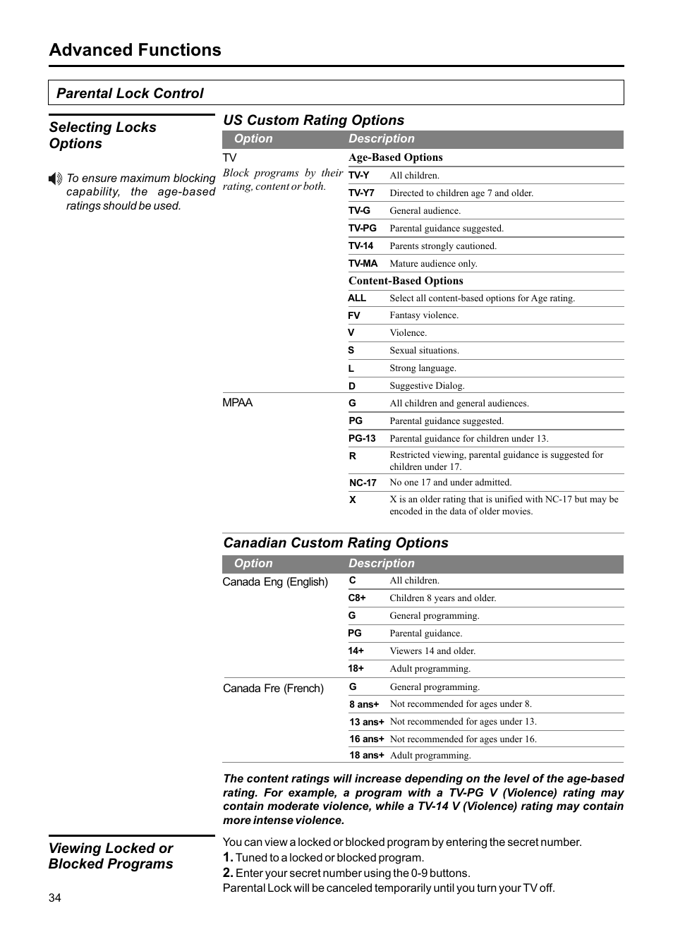 Advanced functions, Canadian custom rating options, Viewing locked or blocked programs | Jensen JE1507DC User Manual | Page 35 / 40