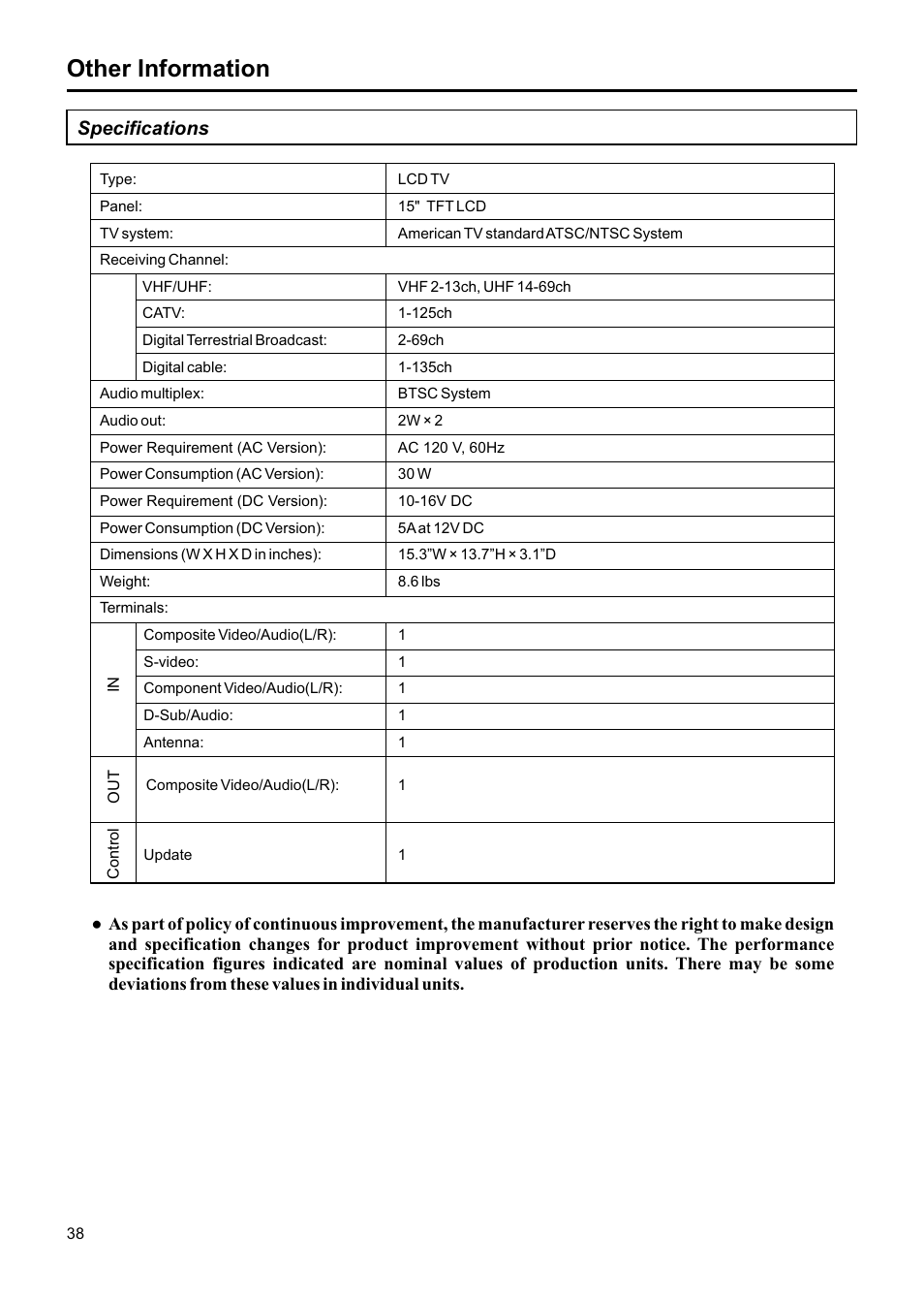 Other information, Specifications | Jensen JE1507DC User Manual | Page 39 / 40